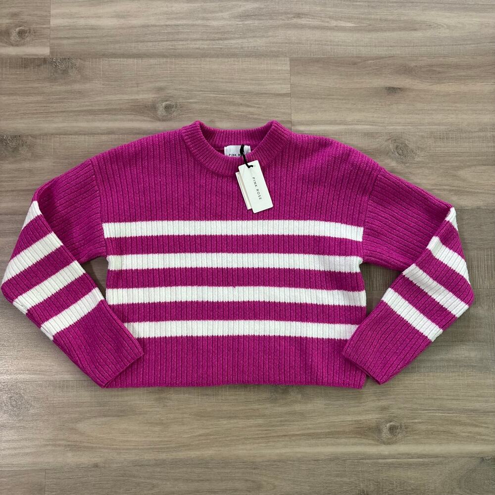 NWT Pink Rose Pink White Striped Sweater Women Size Small